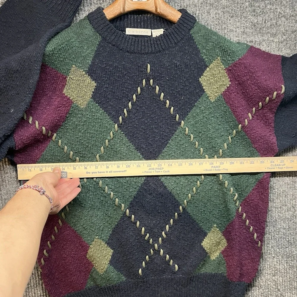 Vintage Claiborne Sweater Mens XL Navy Green Purple‎ Cotton Argyle Crewneck 90s